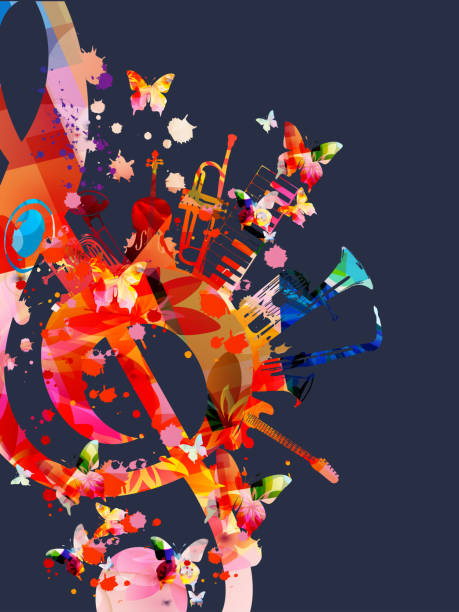 istock Colorful musical poster with G-clef and musical instruments vector illustration. Playful background for live concert events, music festivals and shows, party flyer 1724604128