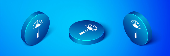 Isometric Egyptian fan icon isolated on blue background. Blue circle button. Vector.