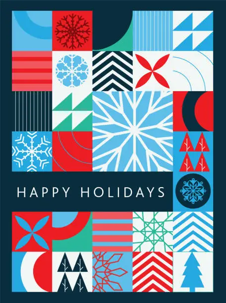 Vector illustration of Happy Holidays Greeting abstract geometric mosaic greeting card flat design template with snowflakes, trees, stripes