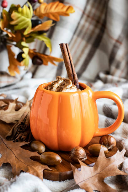 istock Pumpkin spice latte in  ceramic mug with cinnamon  near autumn decoration 1724608828