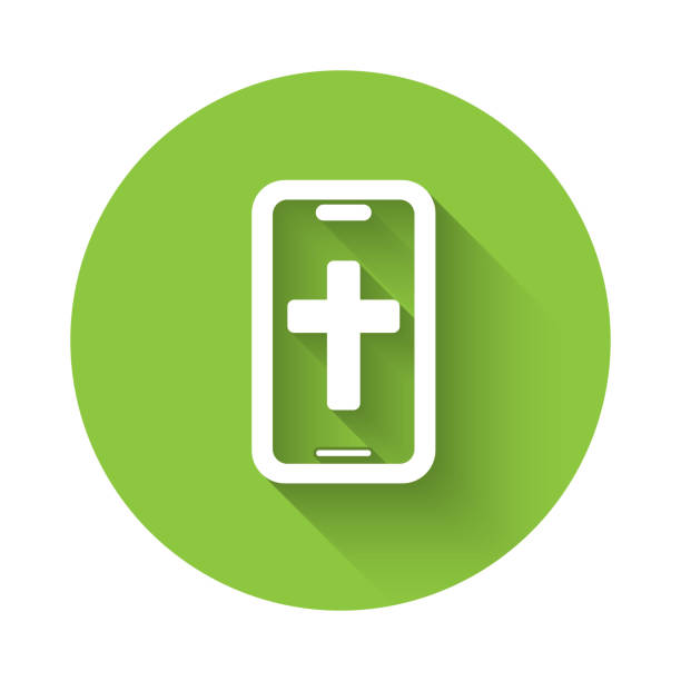 ilustrações de stock, clip art, desenhos animados e ícones de white christian cross on mobile phone icon isolated with long shadow background. church cross. green circle button. vector - religious icon telephone symbol mobile phone