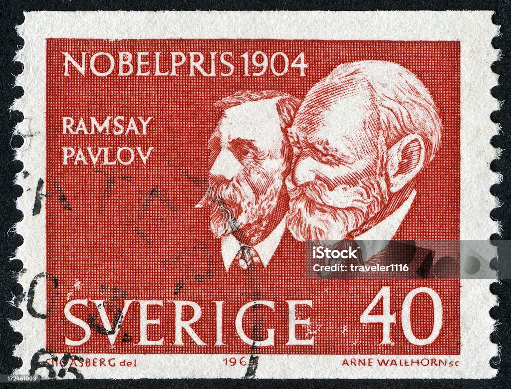 Nobel Prize From 1904 Stamp "Cancelled Stamp From Sweden Featuring The Nobel Prize Winners From 1904, Ramsay And Pavlov." Award Stock Photo