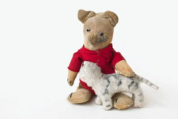 Photo of Charming vintage worn teddy bear and toy cat.