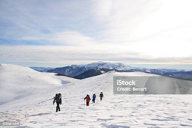 Hikers Group De Dirección En La Cima De La Montaña Foto de stock y más banco de imágenes de Accesorio personal - Accesorio personal, Actividades y técnicas de relajación, Aire libre