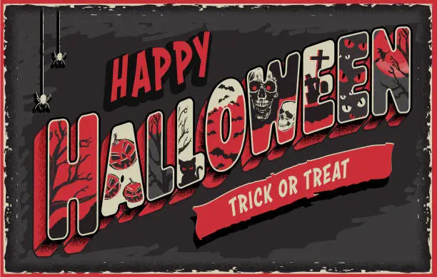 Vector illustration of Halloween greeting web banner template in retro postcard 3D lettering style with spooky elements