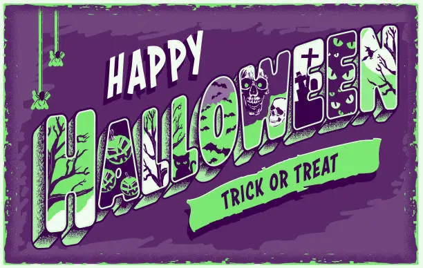 Vector illustration of Halloween greeting web banner template in retro postcard 3D lettering style with spooky elements