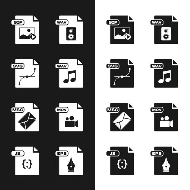 Vector illustration of Set WAV file document, SVG, GIF, MSG, MOV, EPS and JS icon. Vector