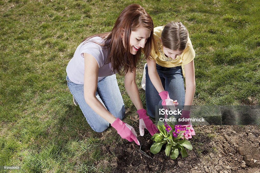 Madre e figlia piantando fiori insieme - Foto stock royalty-free di 10-11 anni