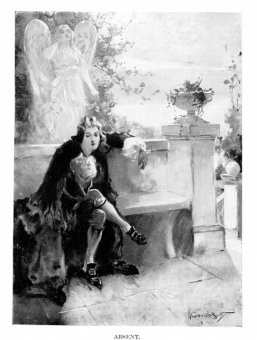 A person mourning  on a bench, with an angel behind, feels the lover's  absence. Illustration engraving published 1896. The edition is in my private collection. Copyright is in public domain.