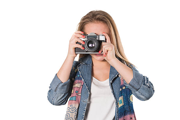 blonde urocza dziewczynka fotograf z kamerą - fashion male beauty confidence elegance zdjęcia i obrazy z banku zdjęć