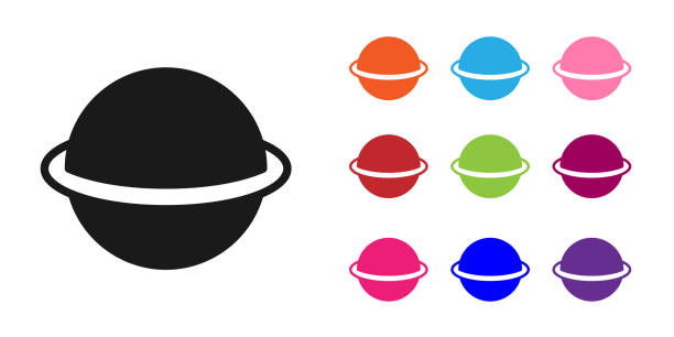 czarna planeta saturn z ikoną systemu pierścieni planetarnych izolowaną na białym tle. ustaw kolorowe ikony. wektor - 5550 stock illustrations