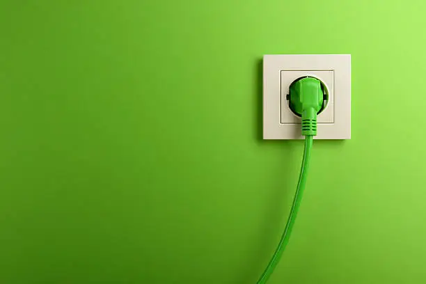 Electric socket in on green wall. Close-up