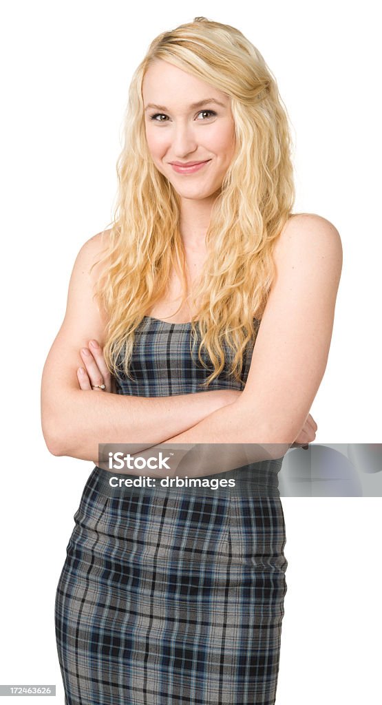 Smiling Young Woman, Arms Crossed, Looking At Camera Portrait of a young caucasian woman on a white background. 20-24 Years Stock Photo