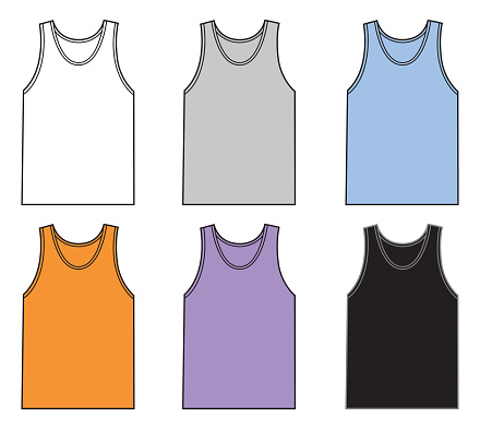 Vector illustration of six sleeveless t-shirts on a white background.