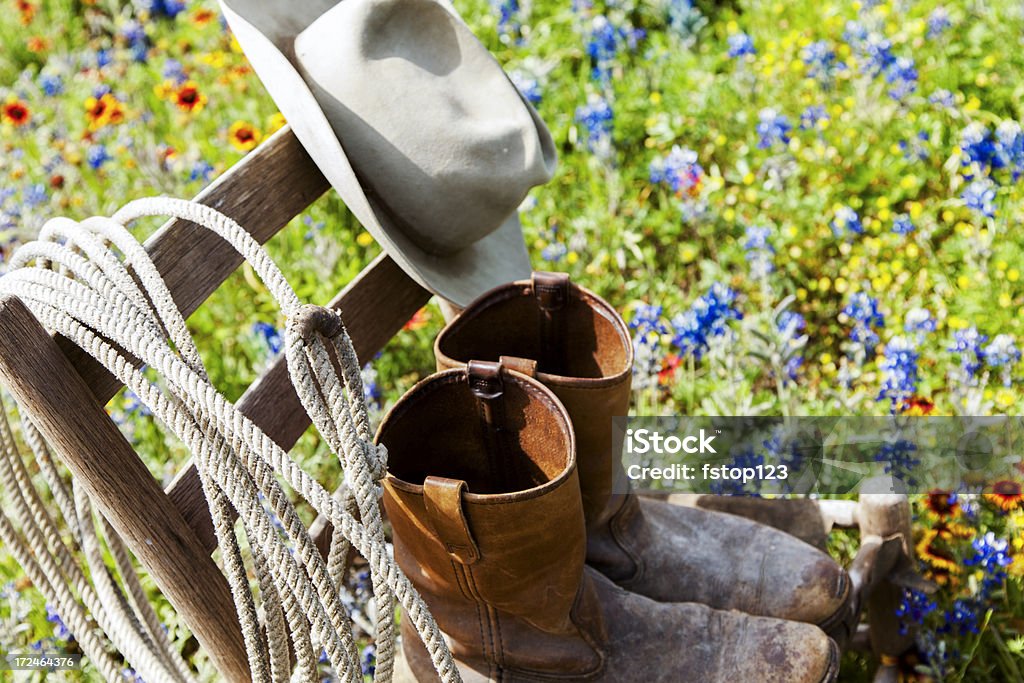 Texas Bluebonnets: Vecchia sedia di legno, corda, cappello e stivali bluebonnets. - Foto stock royalty-free di Paesaggio