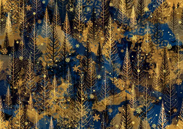 Vector illustration of Seamless blue and gold abstract Christmas winter forest pattern