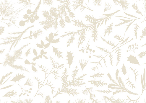 Realistic seamless beige and white Christmas plants and floral vector silhouette botanic designs for use on nature designs, Christmas cards and promotional advertising.