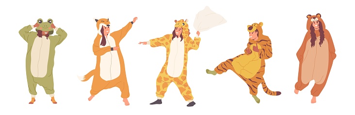 Happy teenager children wearing cute cozy warm kigurumi pajamas set isolated on white background. Girl and boy teen kids dressed in bear, frog, giraffe, fox, tiger costume vector illustration