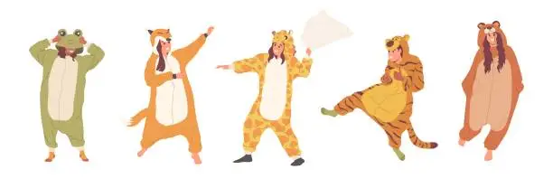 Vector illustration of Happy teenager children wearing cute cozy warm kigurumi pajamas set isolated on white background