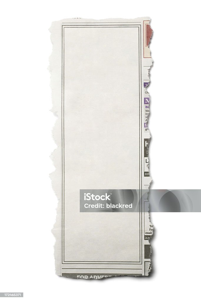 Torn Piece of Newpaper "Torn piece of blank newspaper with graphic frame, isolated on white background." Newspaper Stock Photo