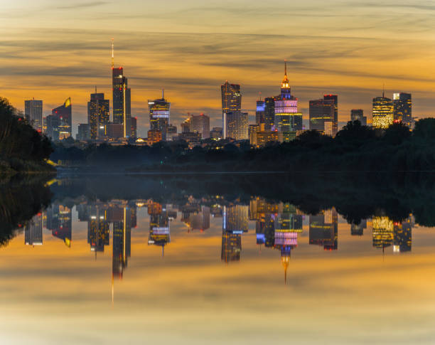 Warsaw urban skyline cityline panorama at autumn sunset Warsaw urban skyline cityline panorama at autumn sunset warsaw stock pictures, royalty-free photos & images