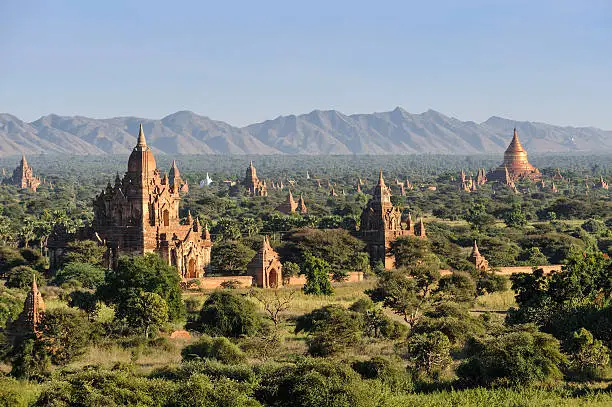 "A view of some of the impressive mediaeval temples, built from the 11th to the 13th century, on the plains of Bagan in Burma (Myanmar)"