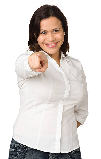 donna che punta alla telecamera - minority white simplicity confidence foto e immagini stock