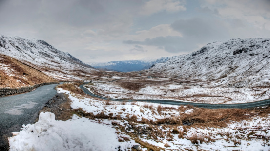 Winter Snowscene road over Honister Pass in Cumbria