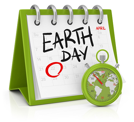 3d render. Calendar Earth Day and stopwatch with a map of the world isolated on white background.
