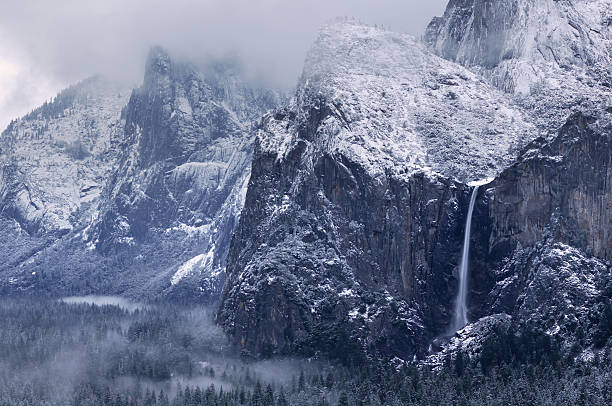 Misty morning on Bridalveil Falls in Yosemity National Park stock photo