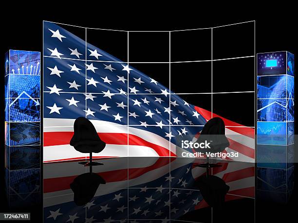 Sala De Estúdio De Notícias De Tv Digital - Fotografias de stock e mais imagens de Parede - Parede, Bandeira dos Estados Unidos da América, Coleção