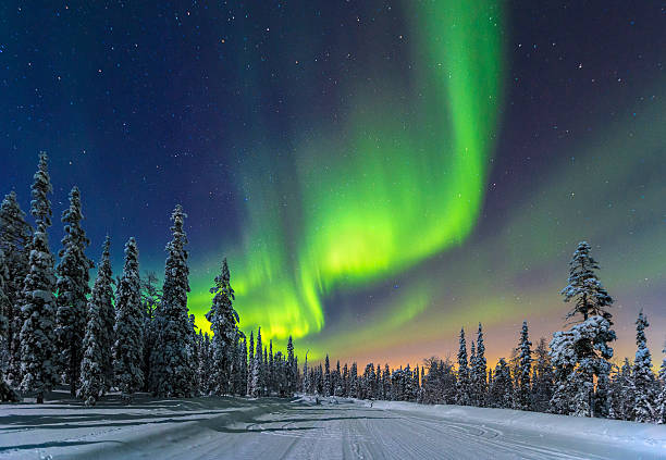 Aurora Borealis Northern lights over the Pyhae Luosto National Park in northern Finnland. finland stock pictures, royalty-free photos & images