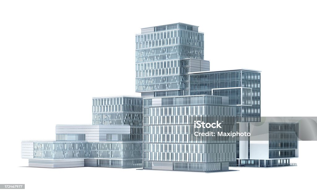 Parc d'affaires: Groupe d'immeubles de bureaux, avec un Tracé de détourage - Photo de Fond blanc libre de droits