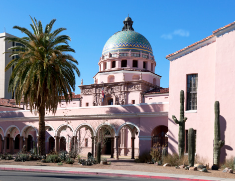 Front view of the Spanish Colonial Revival style Pima County Courthouse in Tucson, Arizona.
