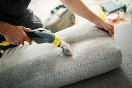 Closeup side view of unrecognizable man performing deep clean of sofa cushions.
