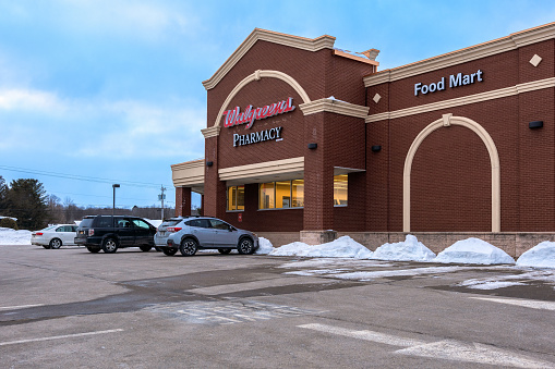 Barneveld, New York - Feb 20, 2020: Close-up View of Walgreens Facade (part of Walgreens Boots Alliance Inc. holding) operates the second-largest pharmacy store chain in the USA.