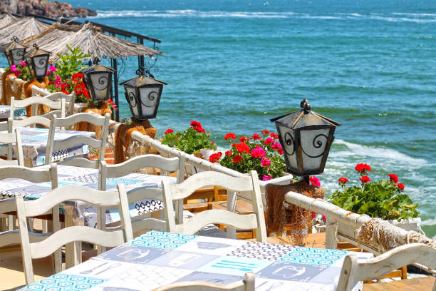 View of the street restaurant overlooking the sea. stock photo