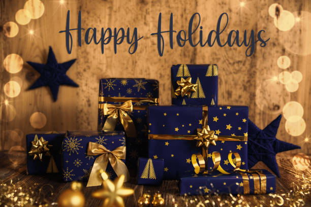istock Text Happy Holidays, Blue Christmas Gifts, Wooden Winter Decor 1724693473