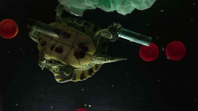 Little Turtle floating in dirty water, battery waste plastic bottle caps and plastic bag water pollution concept bottom view