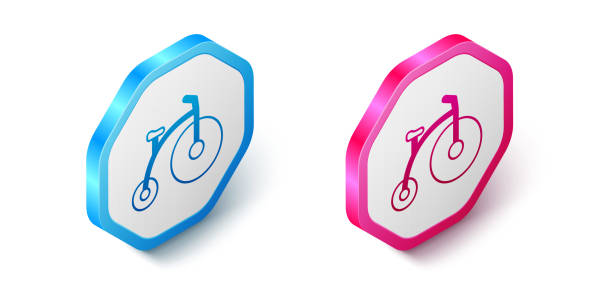istock Isometric Vintage bicycle with one big wheel and one small icon isolated on white background. Bike public transportation sign. Hexagon button. Vector 1724704208