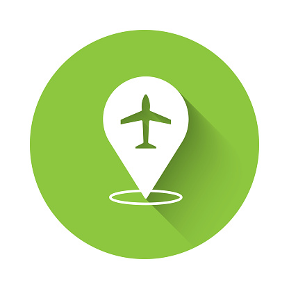 White Plane icon isolated with long shadow background. Flying airplane icon. Airliner sign. Green circle button. Vector.