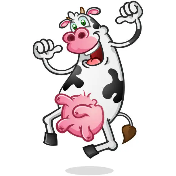 Vector illustration of Happy leaping cow mascot pointing at himself with two enthusiastic thumbs vector clip art