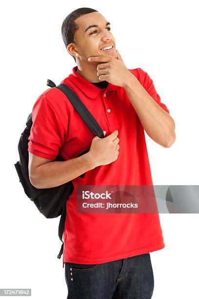 Contemplative Aluno Com Pasta - Fotografias de stock e mais imagens de Fundo Branco - Fundo Branco, Contemplação, Pessoa a Estudar