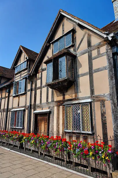 "Shakespeare's Birthplace at Henley Street, Stratford-upon-Avon, England, UK. The half-timbered house where William Shakespeare was born in 1564 is Stratford's most cherished historic place."