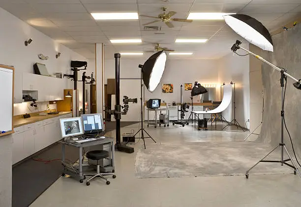 A wide angle view of a professional digital photography studio in use. The actual studio flashes were used to take this photo. Artwork on the wall is my own, Istock files 14254907 and 15378162.