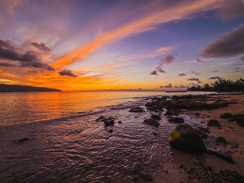 Stunning sunset scenery at Haleiwa beach in north shore of Oahu island , Hawaii