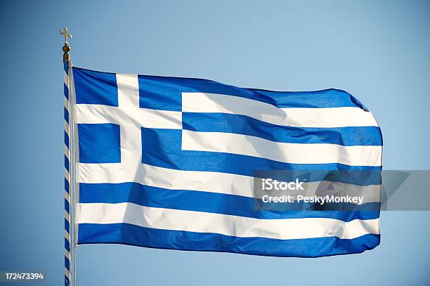 Greek Flag Backlit Horizontal Blue Sky On Flagpole Stock Photo - Download Image Now - Back Lit, Blue, Bright