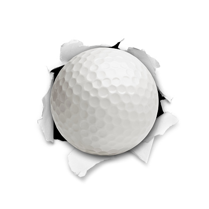 Golf Ball Bursting Though a Hole on white.