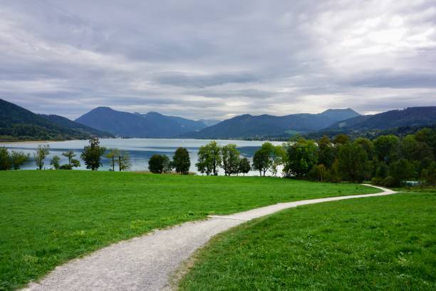 ścieżki spacerowe wzdłuż jeziora tegernsee, górna bawaria, niemcy. - lake tegernsee zdjęcia i obrazy z banku zdjęć