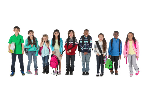 Diverse group of elementary students laughing together, on white background. 